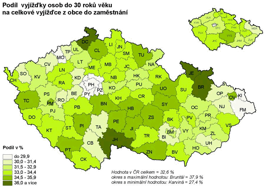Kartogram 13. Podíl vyjížďky osob do 30 roků věku na celkové vyjížďce z obce do zaměstnání